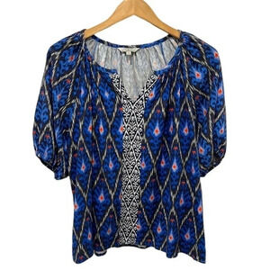 Hester & Orchard linen blend multi colored puff short sleeve blouse size Medium